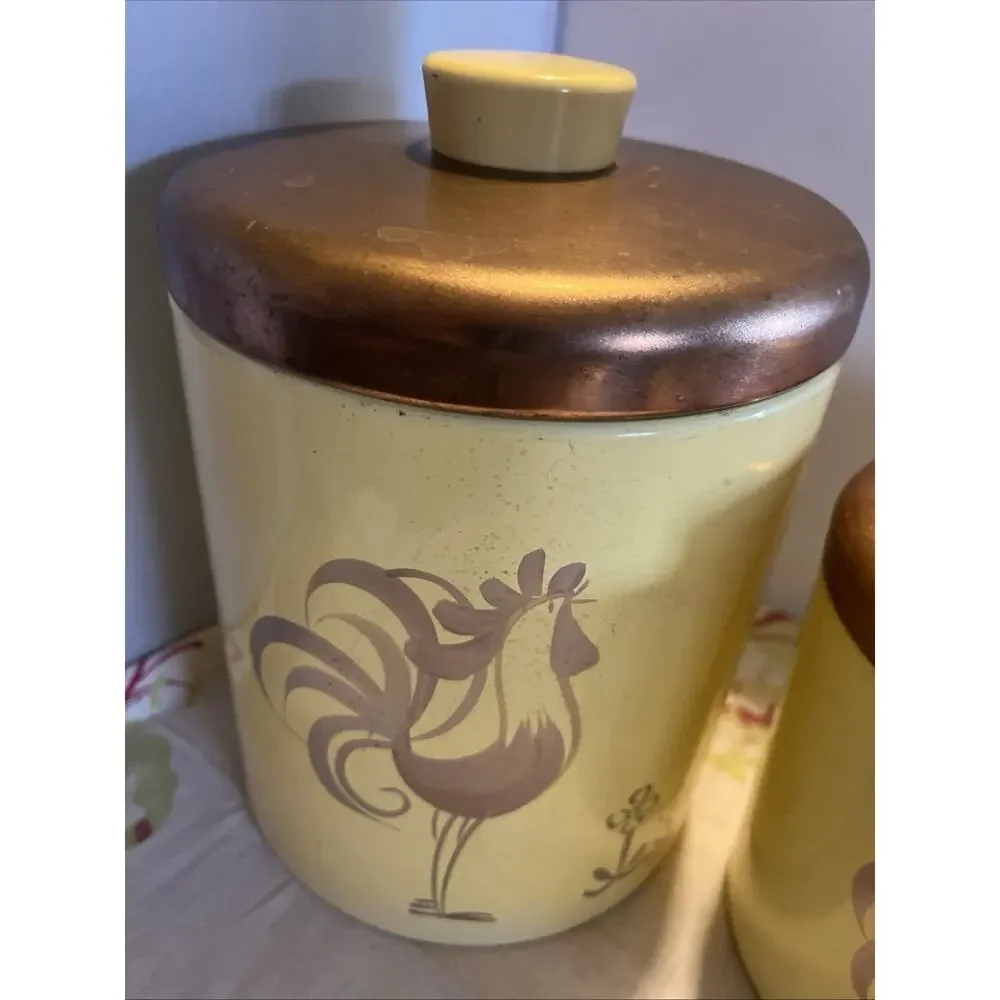 2 Ransburg Mid Century Kitchen Metal Canisters Tins w Roosters Yellow Gold